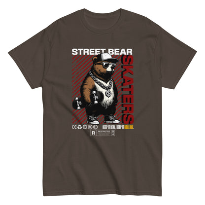 Unisex t-shirt with “Street Bear Skaters” design featuring cool bear with skateboard, red streetwear typography, cotton tee by LostLogicCo Canada