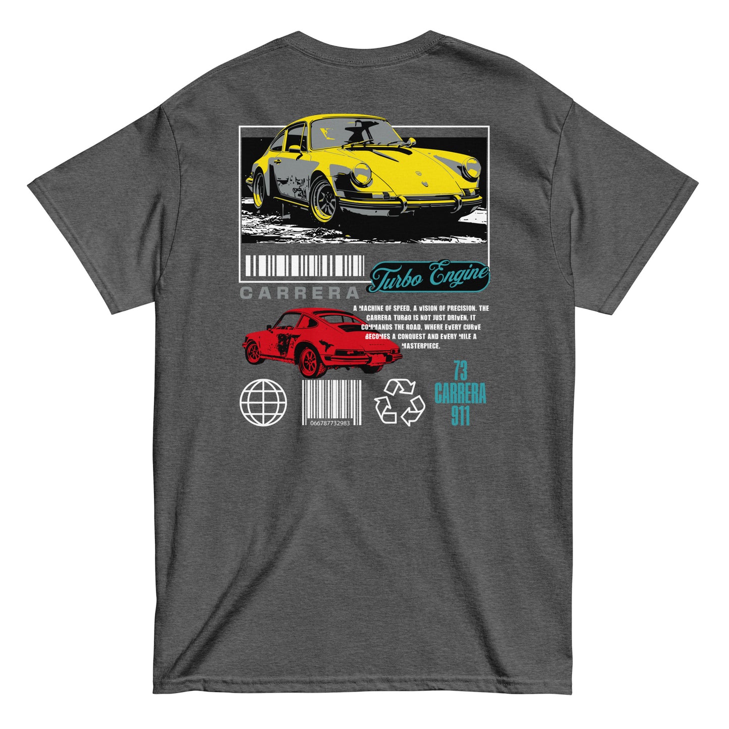 Unisex t-shirt with back print featuring yellow and red Carrera 911 car design and “Turbo Engine” text, car graphic tee by LostLogicCo Canada