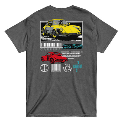 Unisex t-shirt with back print featuring yellow and red Carrera 911 car design and “Turbo Engine” text, car graphic tee by LostLogicCo Canada