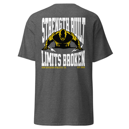 Unisex t-shirt with back print “Strength Built Limits Broken” in white and yellow with athlete illustration, cotton tee by LostLogicCo Canada