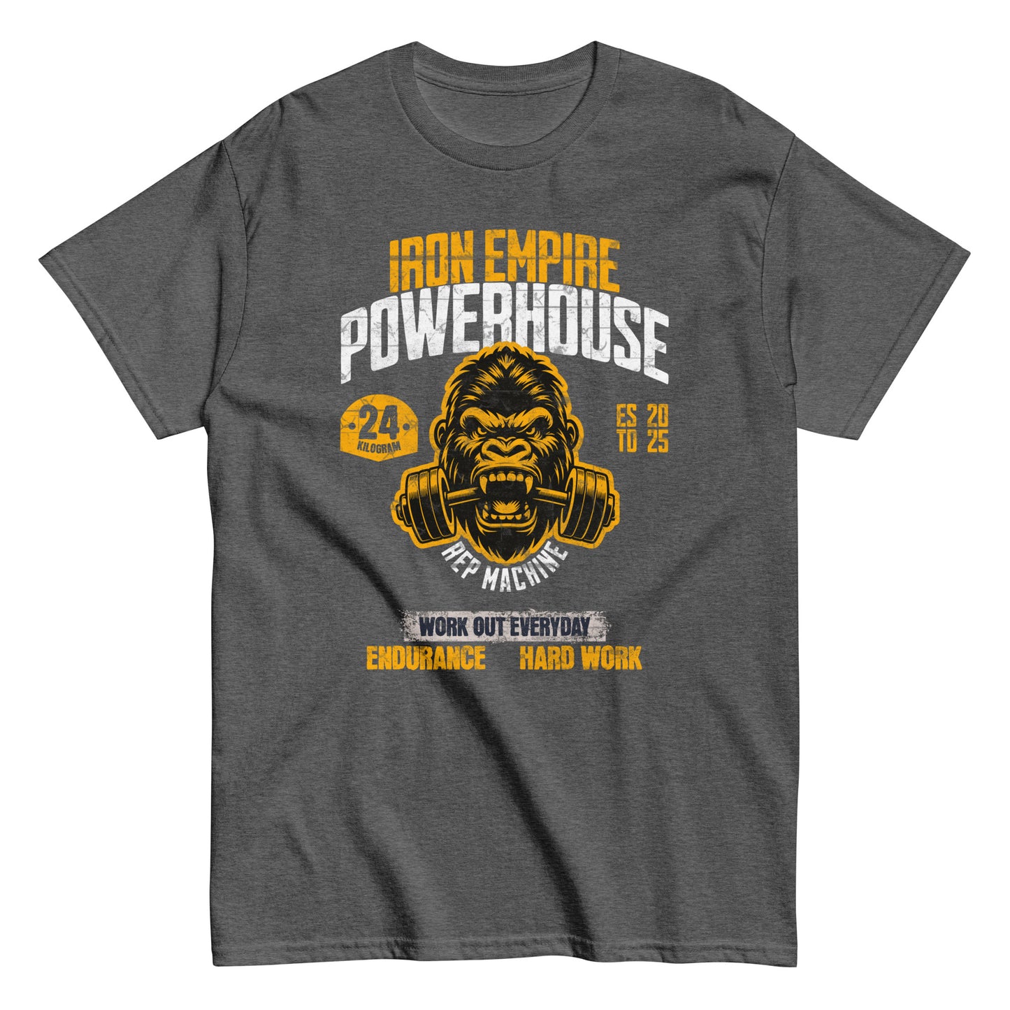Unisex gym graphic t-shirt with “Iron Empire Powerhouse” gorilla design, cotton short sleeve tee by LostLogicCo Canada