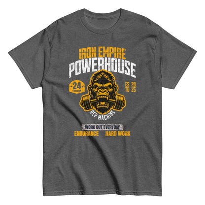 Unisex gym graphic t-shirt with “Iron Empire Powerhouse” gorilla design, cotton short sleeve tee by LostLogicCo Canada