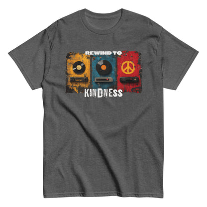 Unisex graphic t-shirt with “Rewind to Kindness” retro design, cotton short sleeve tee by LostLogicCo Canada
