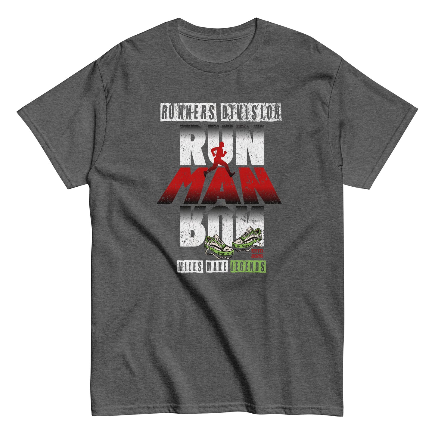 Unisex running graphic t-shirt with “Run Man Run” motivational design, cotton short sleeve tee by LostLogicCo Canada