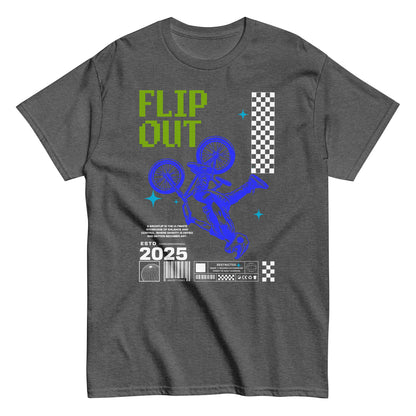 Unisex t-shirt with neon-blue BMX rider doing a flip and “Flip Out 2025” text, action sports graphic tee by LostLogicCo Canada