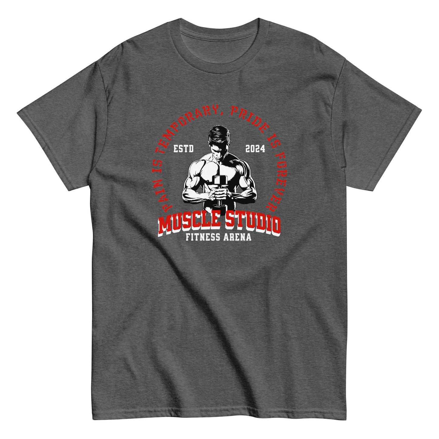 Unisex gym t-shirt with “Pain is Temporary, Pride is Forever” and “Muscle Studio Fitness Arena” weightlifter design, cotton tee by LostLogicCo Canada