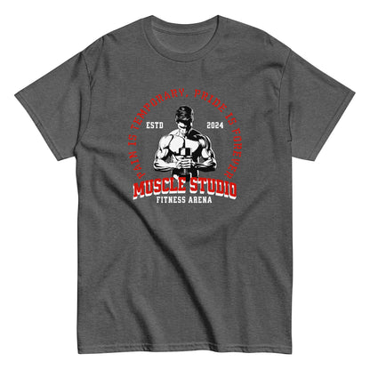Unisex gym t-shirt with “Pain is Temporary, Pride is Forever” and “Muscle Studio Fitness Arena” weightlifter design, cotton tee by LostLogicCo Canada