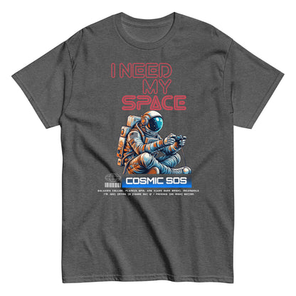 Unisex t-shirt with astronaut illustration and “I Need My Space Cosmic SOS” typography, space-themed cotton tee by LostLogicCo Canada