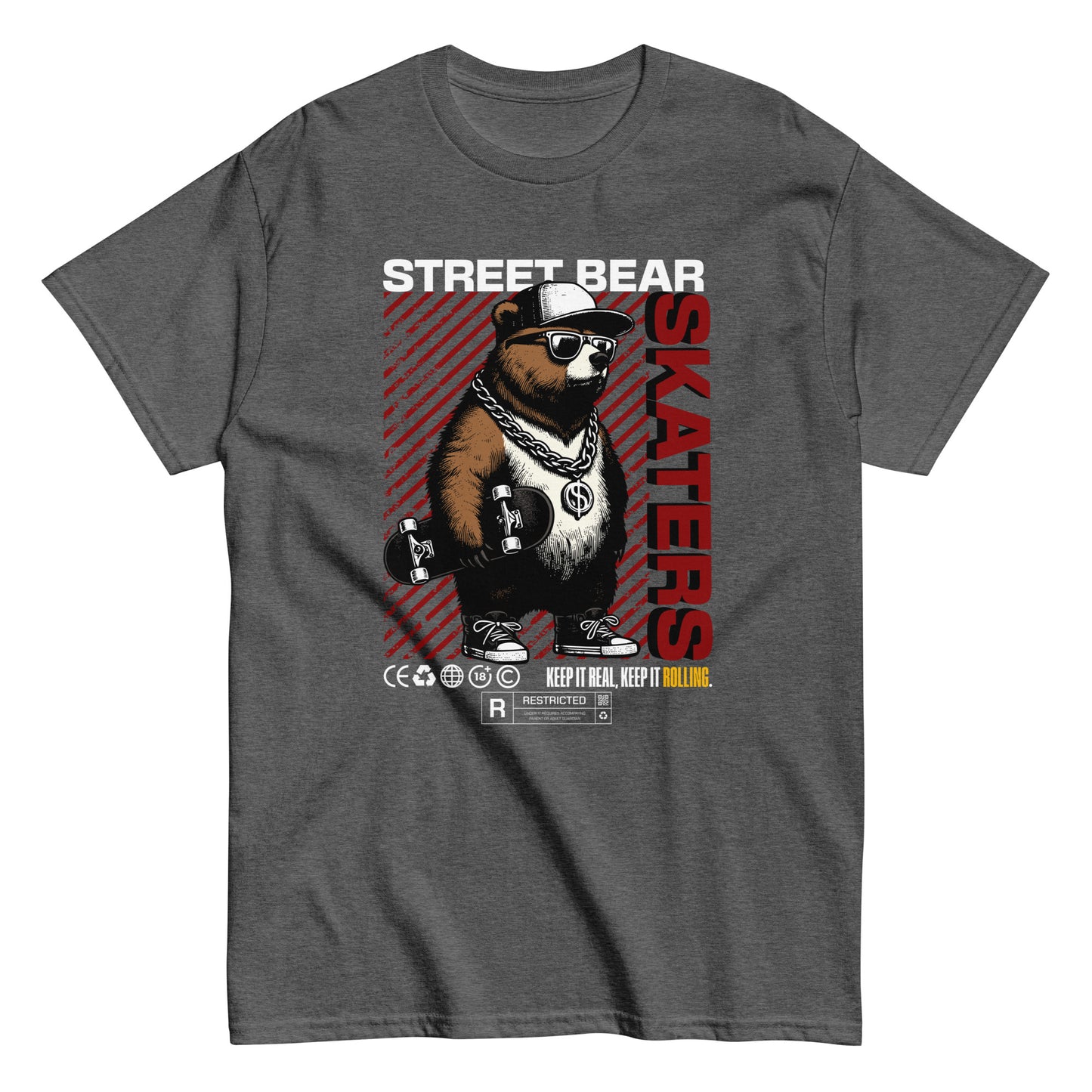 Unisex t-shirt with “Street Bear Skaters” design featuring cool bear with skateboard, red streetwear typography, cotton tee by LostLogicCo Canada