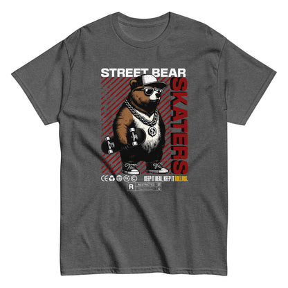 Unisex t-shirt with “Street Bear Skaters” design featuring cool bear with skateboard, red streetwear typography, cotton tee by LostLogicCo Canada