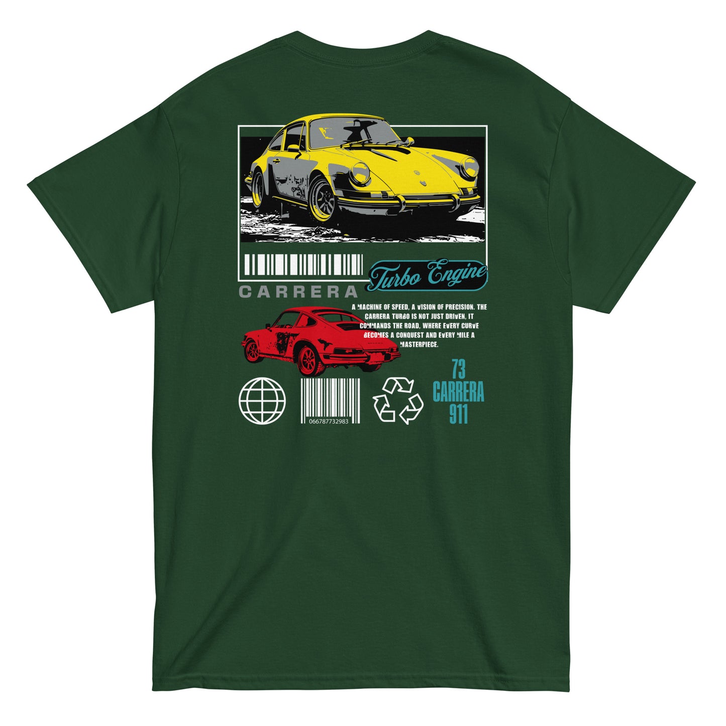 Unisex t-shirt with back print featuring yellow and red Carrera 911 car design and “Turbo Engine” text, car graphic tee by LostLogicCo Canada