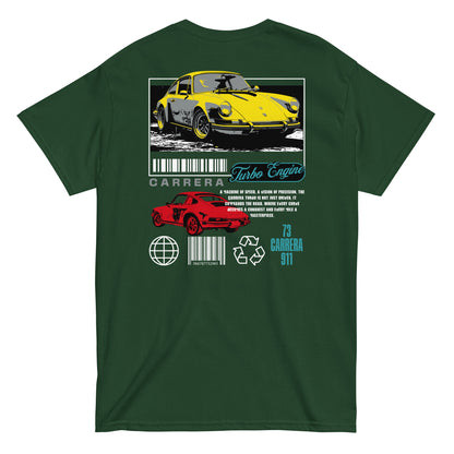 Unisex t-shirt with back print featuring yellow and red Carrera 911 car design and “Turbo Engine” text, car graphic tee by LostLogicCo Canada