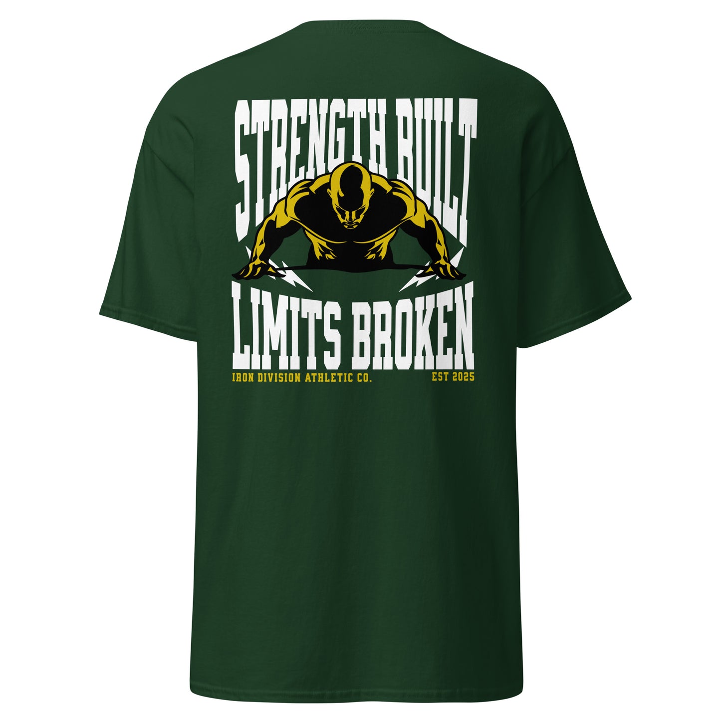 Unisex t-shirt with back print “Strength Built Limits Broken” in white and yellow with athlete illustration, cotton tee by LostLogicCo Canada