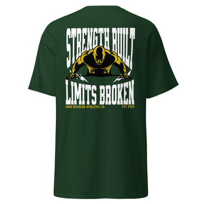 Unisex t-shirt with back print “Strength Built Limits Broken” in white and yellow with athlete illustration, cotton tee by LostLogicCo Canada