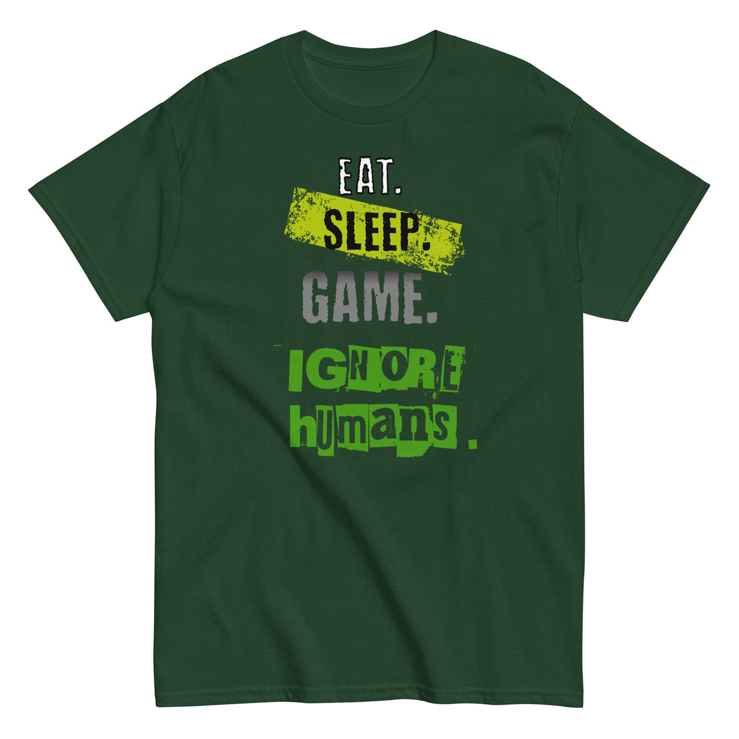 Unisex gamer typography t-shirt with “Eat Sleep Game Ignore Humans” design, short sleeve cotton tee by LostLogicCo Canada
