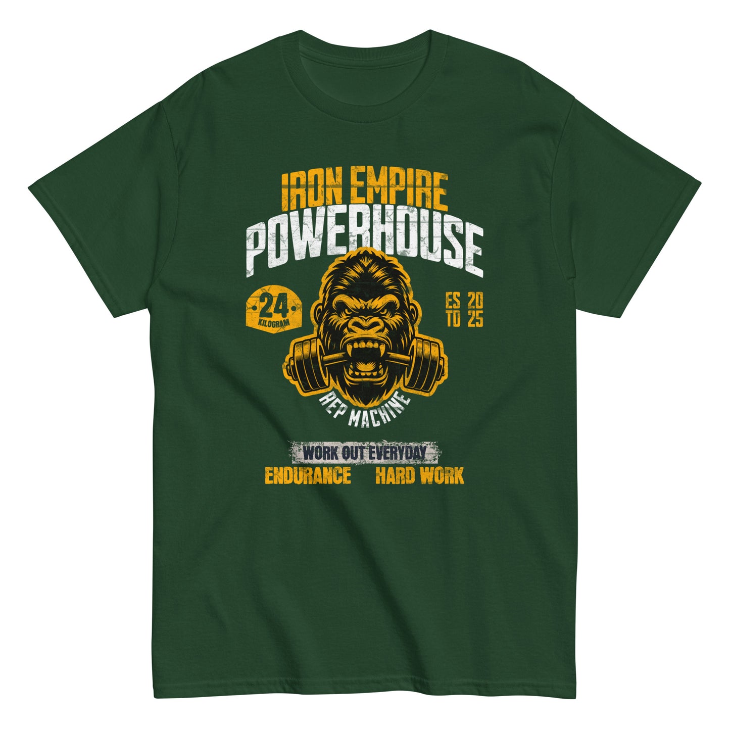 Unisex gym graphic t-shirt with “Iron Empire Powerhouse” gorilla design, cotton short sleeve tee by LostLogicCo Canada