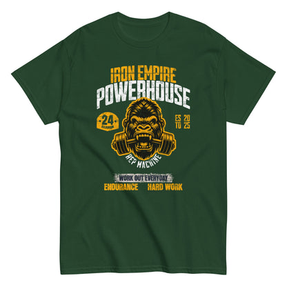 Unisex gym graphic t-shirt with “Iron Empire Powerhouse” gorilla design, cotton short sleeve tee by LostLogicCo Canada