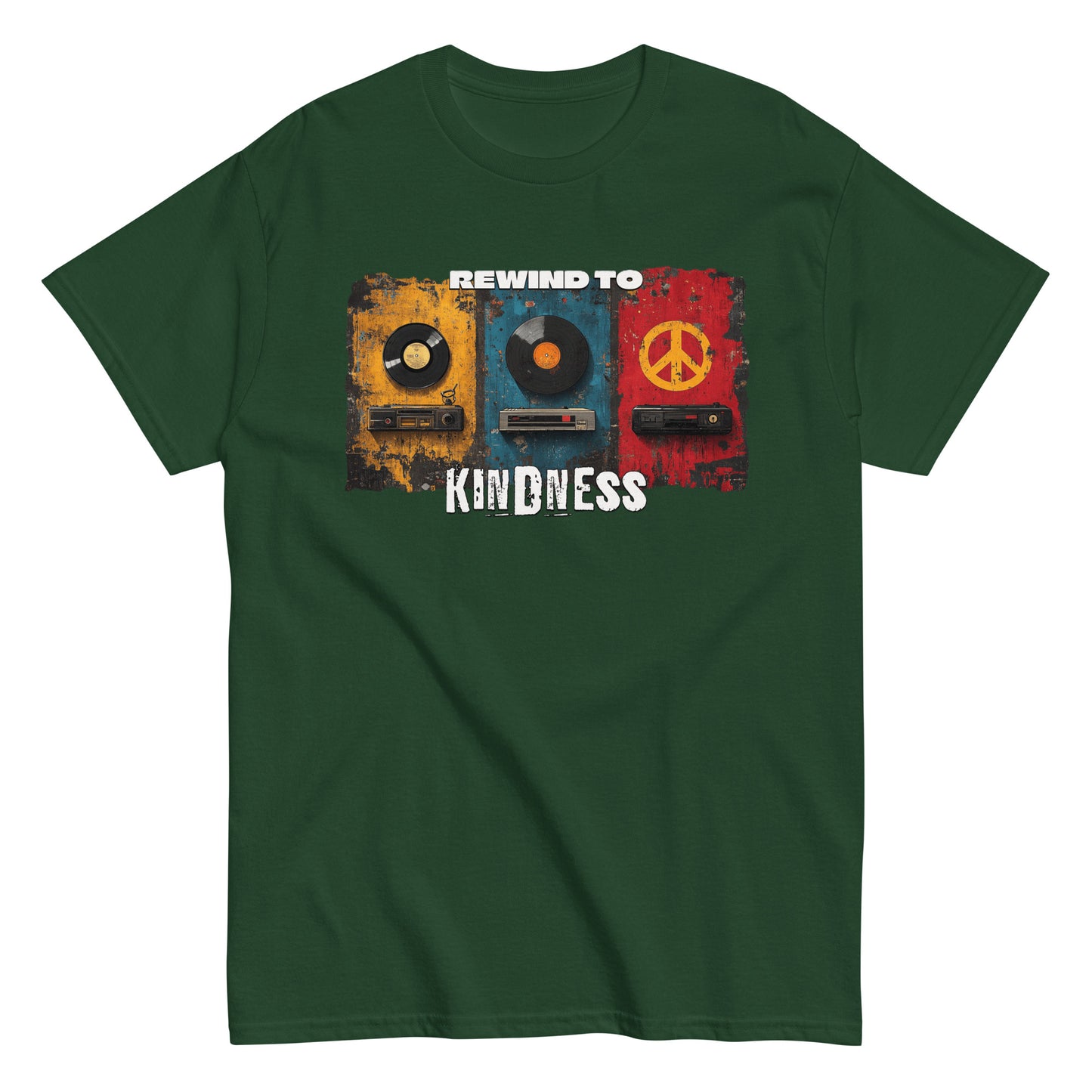 Unisex graphic t-shirt with “Rewind to Kindness” retro design, cotton short sleeve tee by LostLogicCo Canada