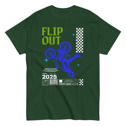 Unisex t-shirt with neon-blue BMX rider doing a flip and “Flip Out 2025” text, action sports graphic tee by LostLogicCo Canada