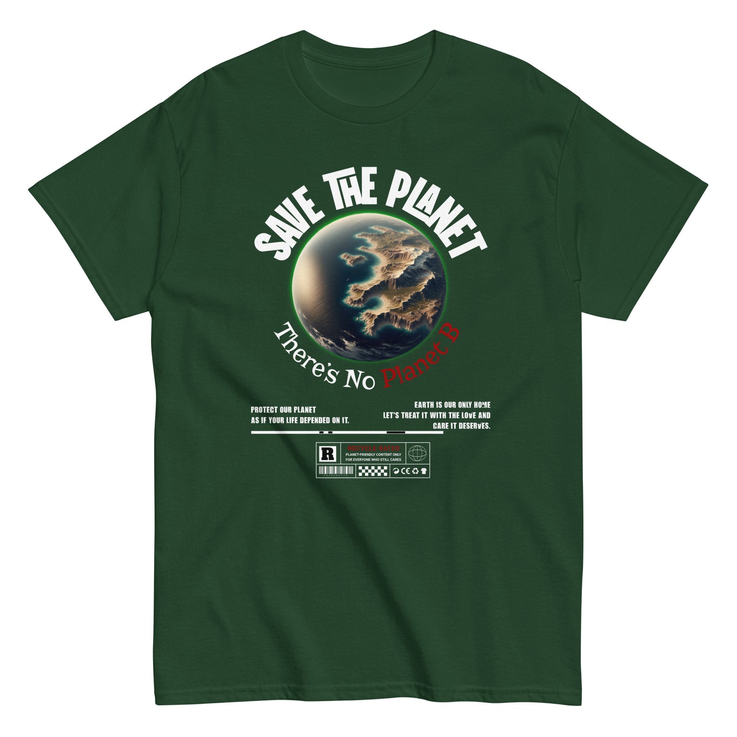 Unisex t-shirt with “Save The Planet There’s No Planet B” text and Earth illustration, eco-awareness cotton tee by LostLogicCo Canada