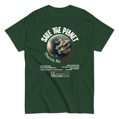 Unisex t-shirt with “Save The Planet There’s No Planet B” text and Earth illustration, eco-awareness cotton tee by LostLogicCo Canada