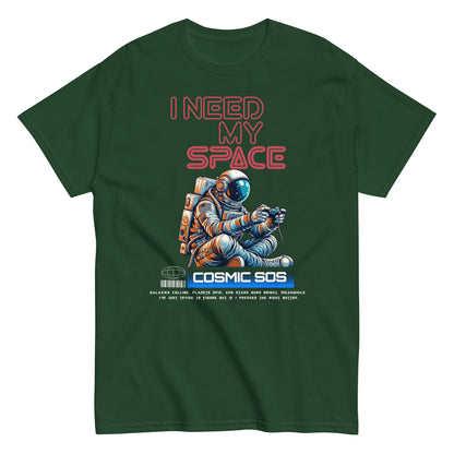Unisex t-shirt with astronaut illustration and “I Need My Space Cosmic SOS” typography, space-themed cotton tee by LostLogicCo Canada