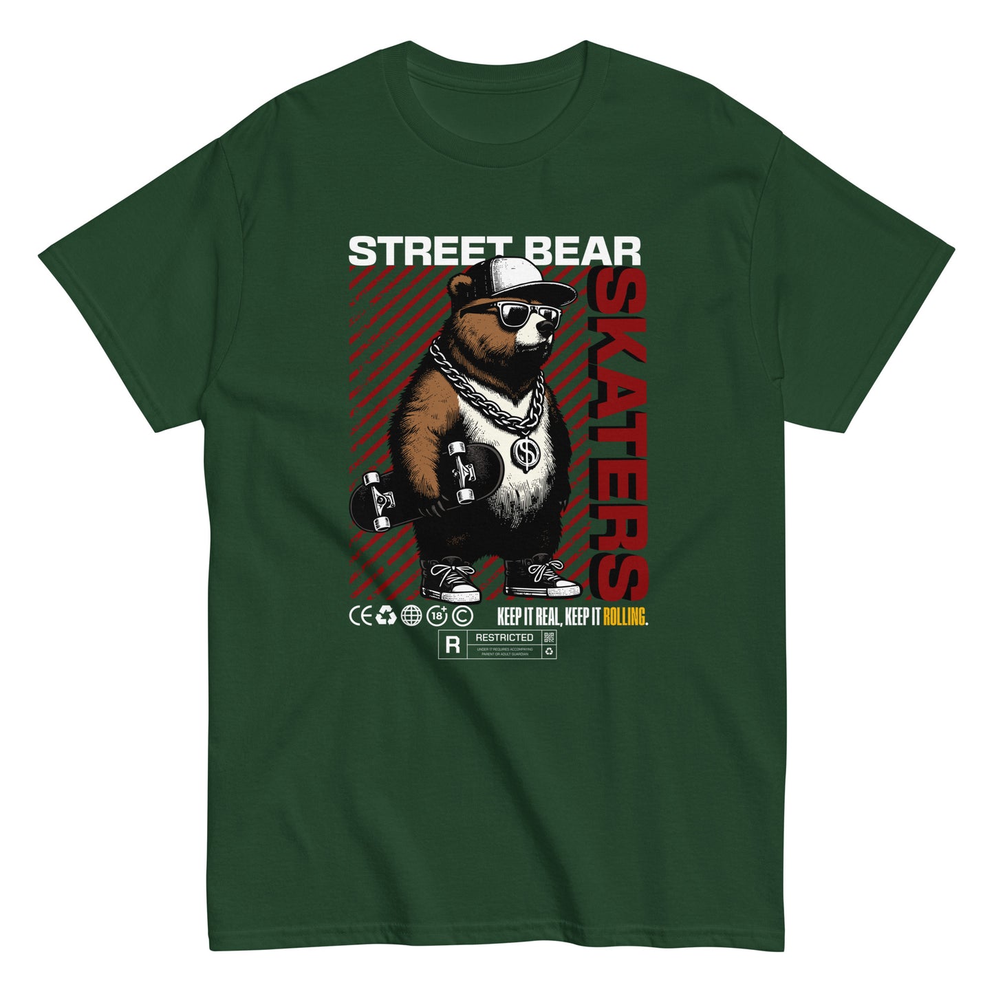 Unisex t-shirt with “Street Bear Skaters” design featuring cool bear with skateboard, red streetwear typography, cotton tee by LostLogicCo Canada