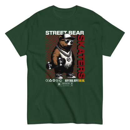 Unisex t-shirt with “Street Bear Skaters” design featuring cool bear with skateboard, red streetwear typography, cotton tee by LostLogicCo Canada