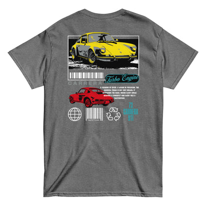 Unisex t-shirt with back print featuring yellow and red Carrera 911 car design and “Turbo Engine” text, car graphic tee by LostLogicCo Canada