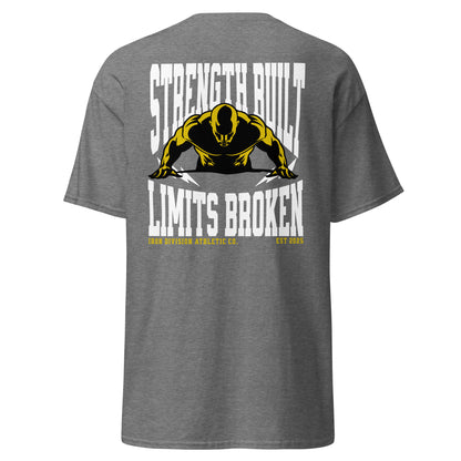 Unisex t-shirt with back print “Strength Built Limits Broken” in white and yellow with athlete illustration, cotton tee by LostLogicCo Canada