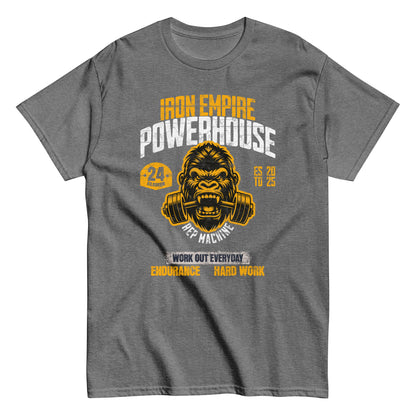 Unisex gym graphic t-shirt with “Iron Empire Powerhouse” gorilla design, cotton short sleeve tee by LostLogicCo Canada