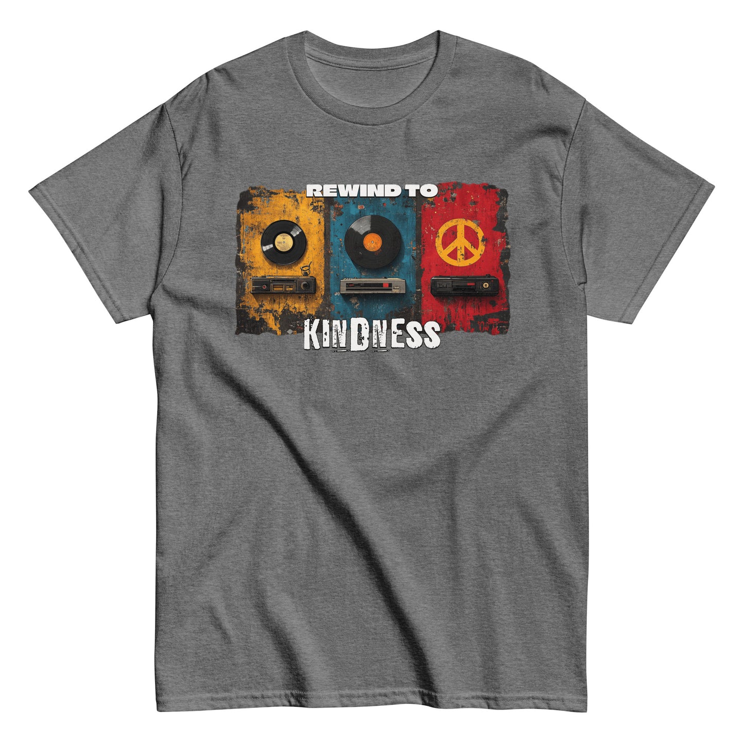 Unisex graphic t-shirt with “Rewind to Kindness” retro design, cotton short sleeve tee by LostLogicCo Canada