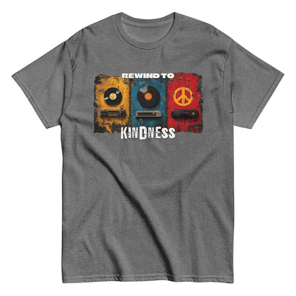 Unisex graphic t-shirt with “Rewind to Kindness” retro design, cotton short sleeve tee by LostLogicCo Canada