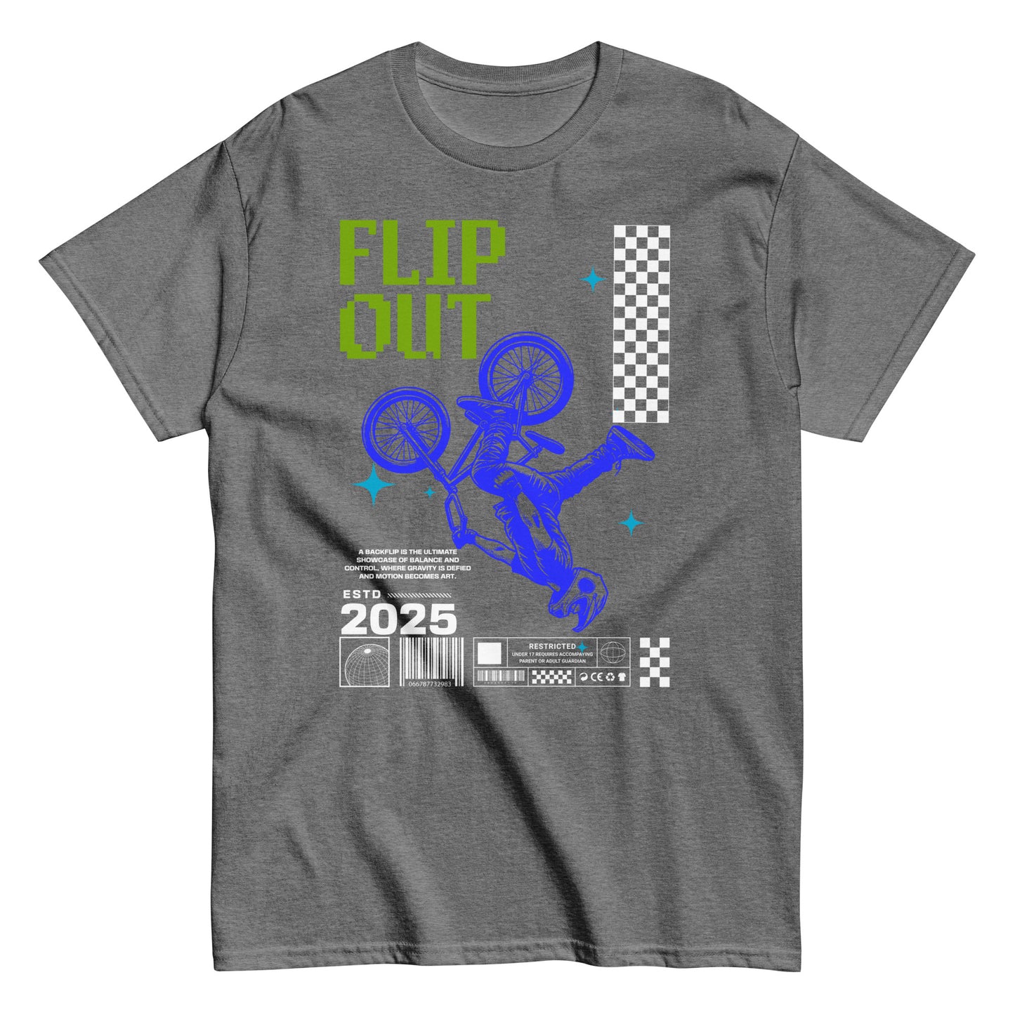 Unisex t-shirt with neon-blue BMX rider doing a flip and “Flip Out 2025” text, action sports graphic tee by LostLogicCo Canada