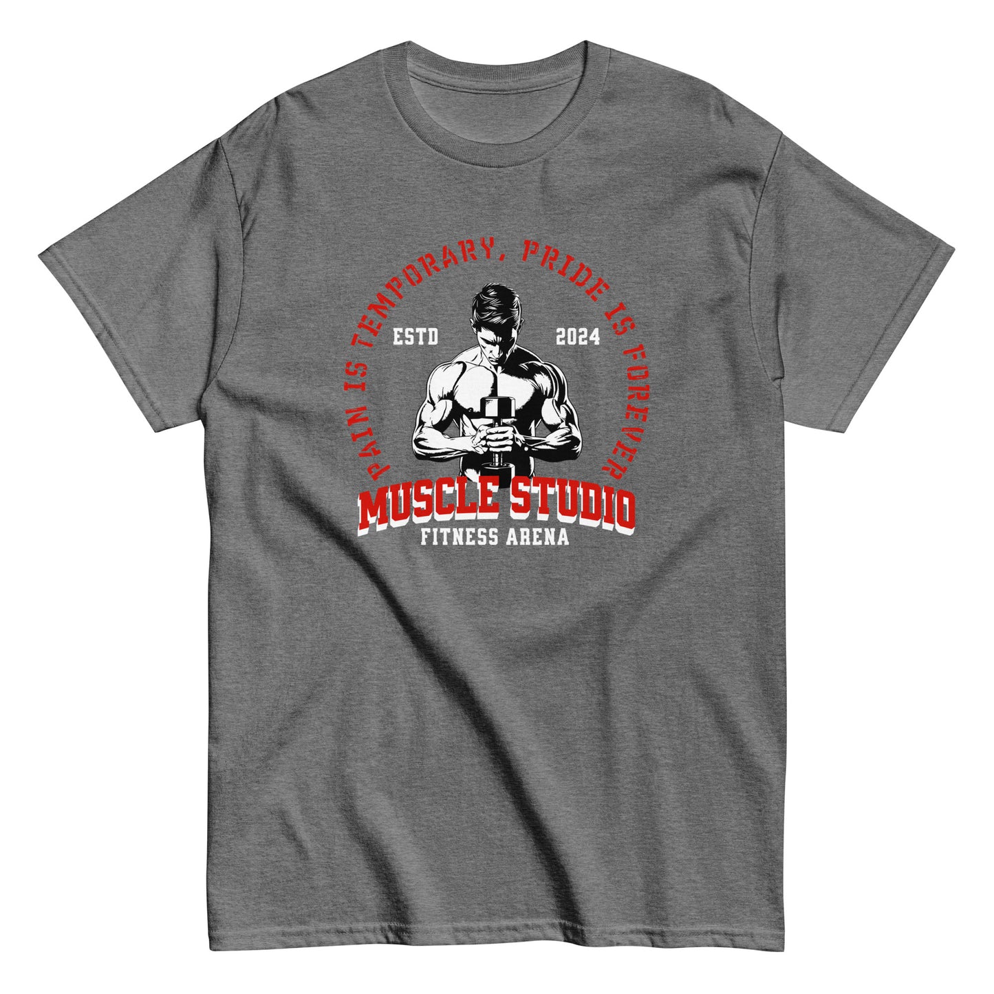 Unisex gym t-shirt with “Pain is Temporary, Pride is Forever” and “Muscle Studio Fitness Arena” weightlifter design, cotton tee by LostLogicCo Canada