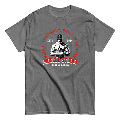 Unisex gym t-shirt with “Pain is Temporary, Pride is Forever” and “Muscle Studio Fitness Arena” weightlifter design, cotton tee by LostLogicCo Canada