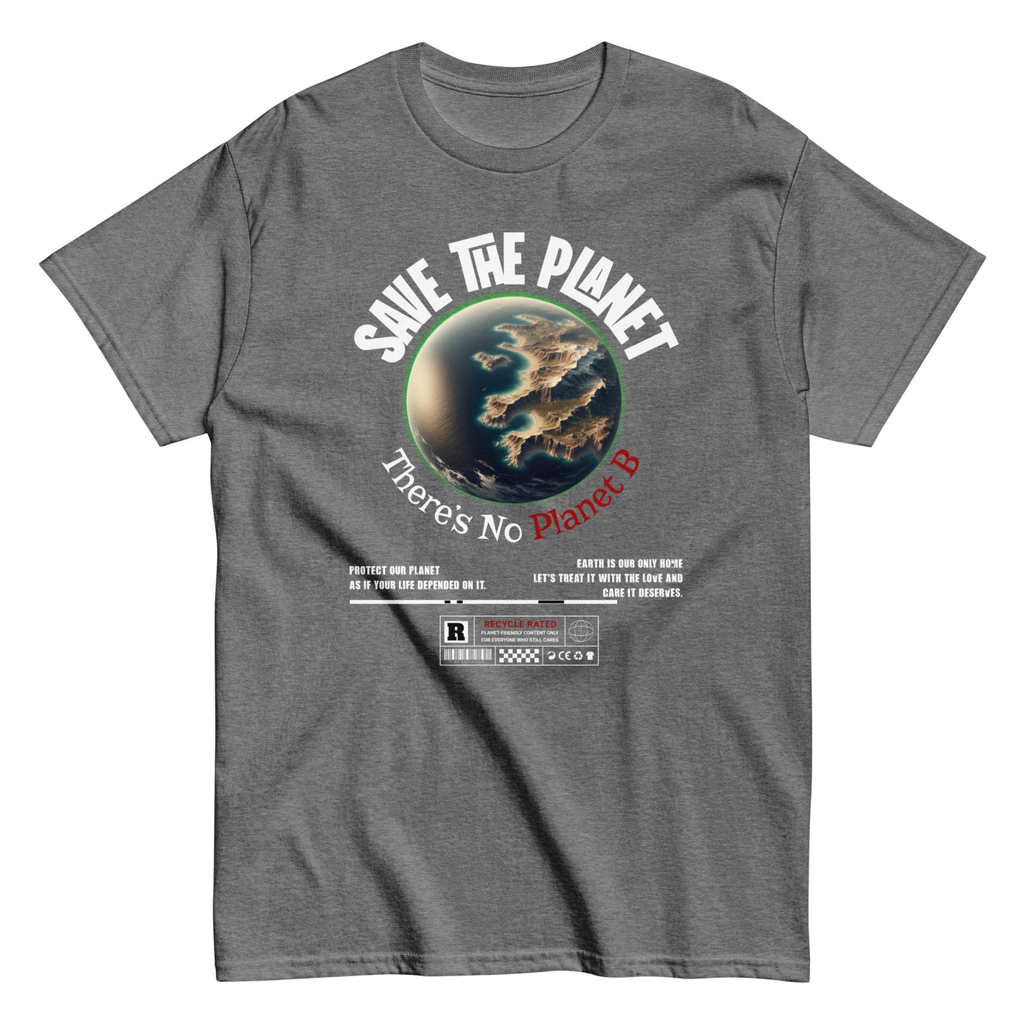 Unisex t-shirt with “Save The Planet There’s No Planet B” text and Earth illustration, eco-awareness cotton tee by LostLogicCo Canada