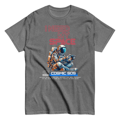 Unisex t-shirt with astronaut illustration and “I Need My Space Cosmic SOS” typography, space-themed cotton tee by LostLogicCo Canada