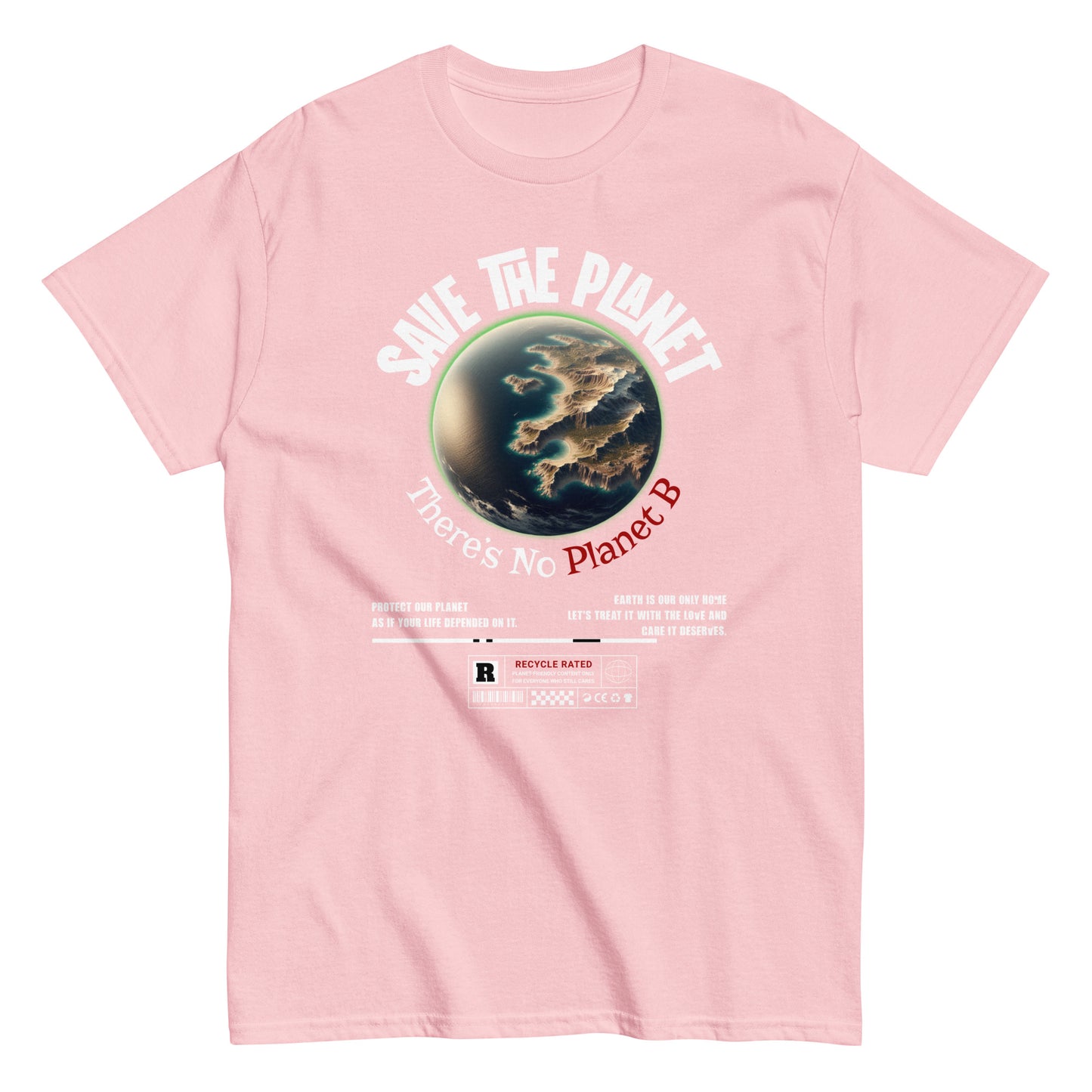 Unisex t-shirt with “Save The Planet There’s No Planet B” text and Earth illustration, eco-awareness cotton tee by LostLogicCo Canada