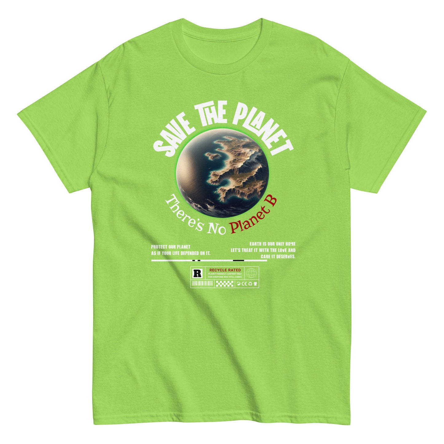 Unisex t-shirt with “Save The Planet There’s No Planet B” text and Earth illustration, eco-awareness cotton tee by LostLogicCo Canada