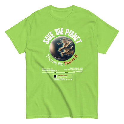 Unisex t-shirt with “Save The Planet There’s No Planet B” text and Earth illustration, eco-awareness cotton tee by LostLogicCo Canada