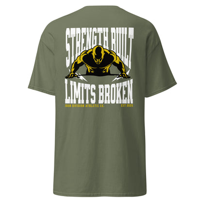 Unisex t-shirt with back print “Strength Built Limits Broken” in white and yellow with athlete illustration, cotton tee by LostLogicCo Canada
