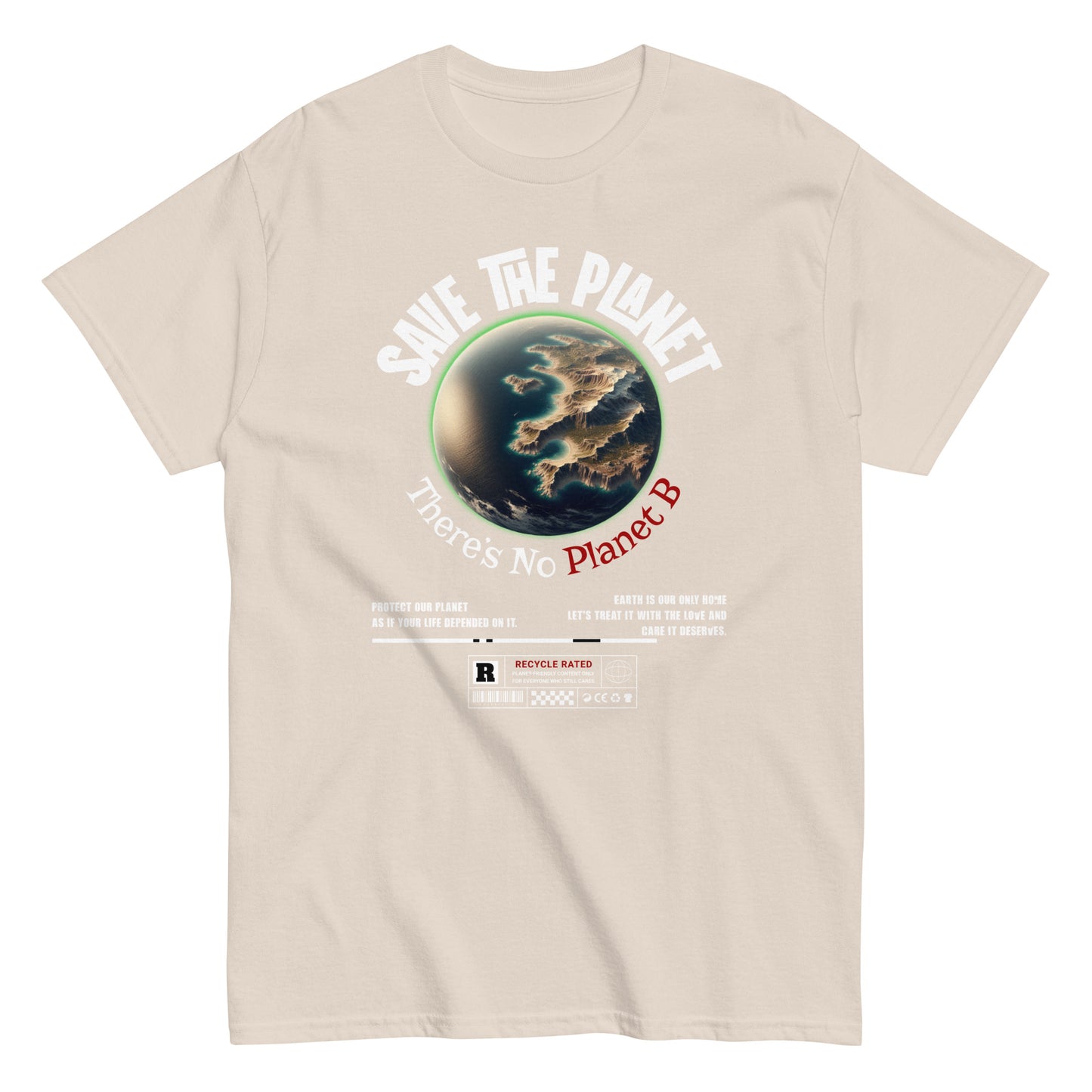 Unisex t-shirt with “Save The Planet There’s No Planet B” text and Earth illustration, eco-awareness cotton tee by LostLogicCo Canada