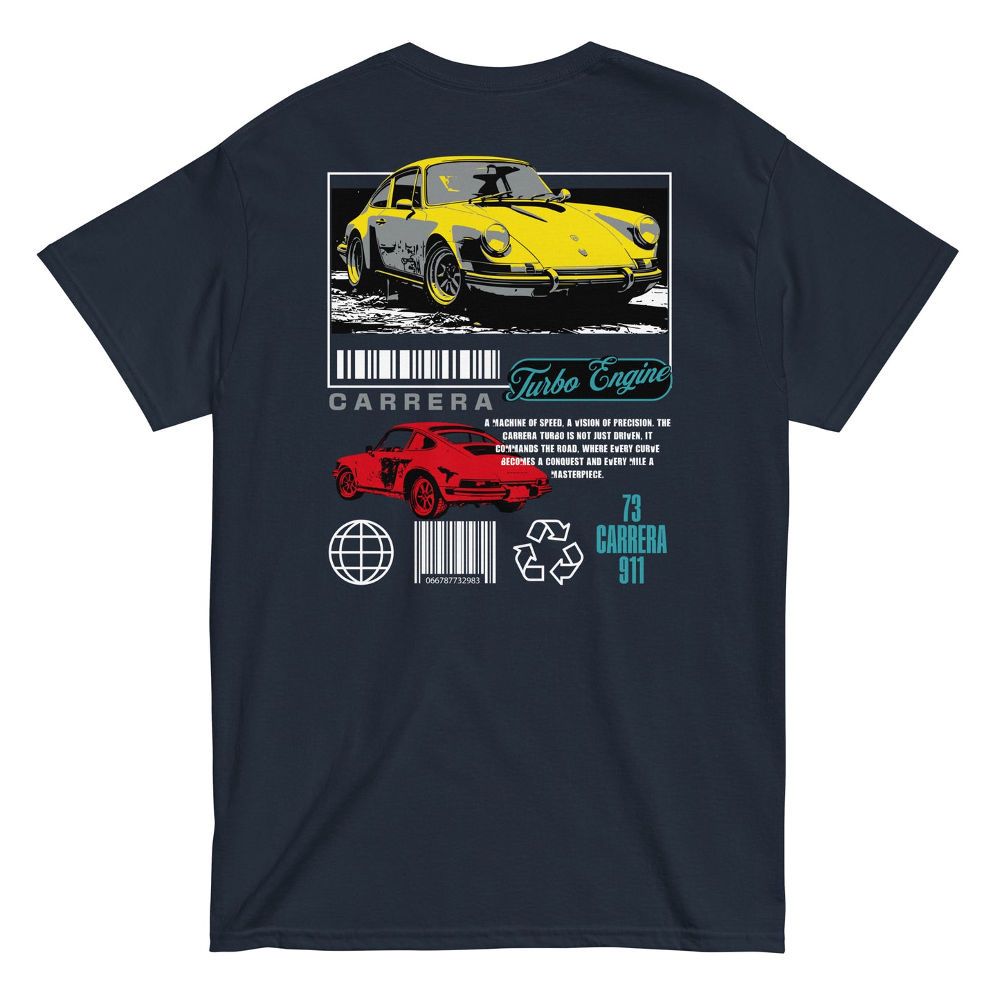 Unisex t-shirt with back print featuring yellow and red Carrera 911 car design and “Turbo Engine” text, car graphic tee by LostLogicCo Canada
