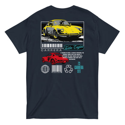 Unisex t-shirt with back print featuring yellow and red Carrera 911 car design and “Turbo Engine” text, car graphic tee by LostLogicCo Canada