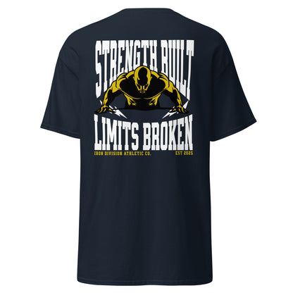 Unisex t-shirt with back print “Strength Built Limits Broken” in white and yellow with athlete illustration, cotton tee by LostLogicCo Canada