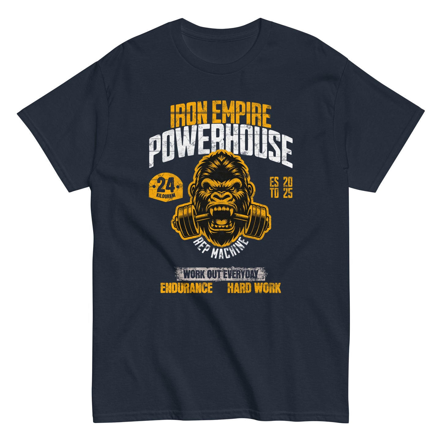 Unisex gym graphic t-shirt with “Iron Empire Powerhouse” gorilla design, cotton short sleeve tee by LostLogicCo Canada