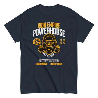 Unisex gym graphic t-shirt with “Iron Empire Powerhouse” gorilla design, cotton short sleeve tee by LostLogicCo Canada