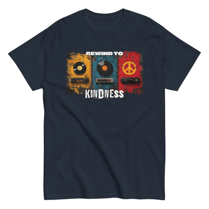 Unisex graphic t-shirt with “Rewind to Kindness” retro design, cotton short sleeve tee by LostLogicCo Canada