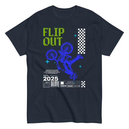 Unisex t-shirt with neon-blue BMX rider doing a flip and “Flip Out 2025” text, action sports graphic tee by LostLogicCo Canada